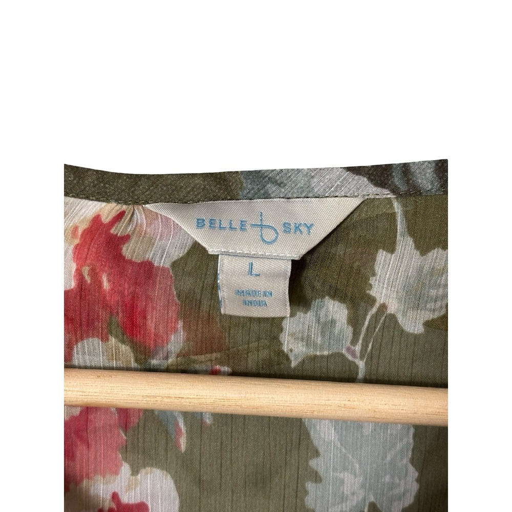 Belle Sky Floral Sheer Ruffle Peplum Blouse Size L Olive Green Red Polyester - Picture 4 of 6